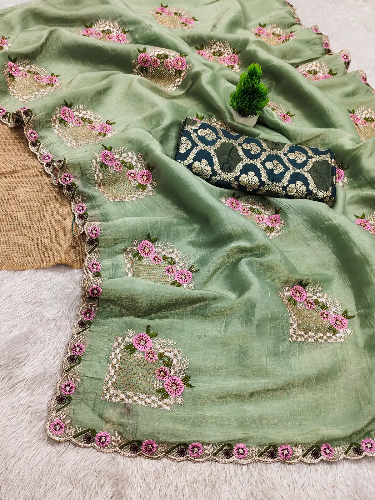 Pista Paper Silk Crush With Embroider Saree | Sarees, Bollywood Sarees, Creative Sarees, Designer Sarees, Embroidered Sarees, Ethnic Saree, Modern Digital sarees, Party Wear Sarees