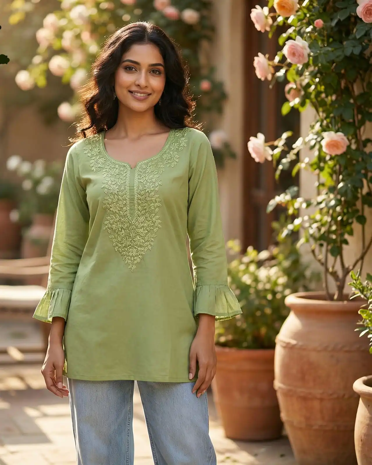 Pista Rayon Chikan Work Kurti | Kurti, Bollywood Kurti, Creative Kurtis, Designer Kurti, Party Wear Kurti, Selfie Kurti