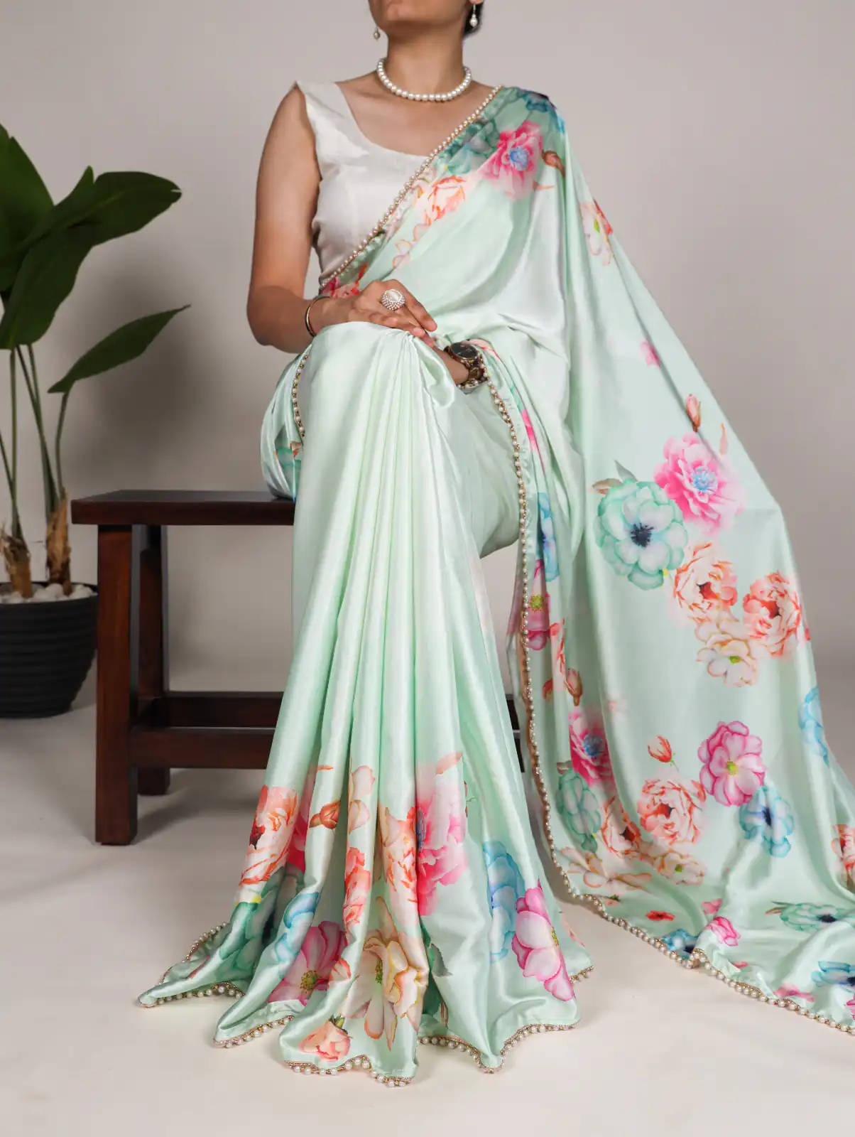 Pista Satin Silk Floral Printed Lace Border Work Saree | Sarees, Bollywood Sarees, Creative Sarees, Designer Sarees, Embroidered Sarees, Ethnic Saree, Modern Digital sarees, Party Wear Sarees