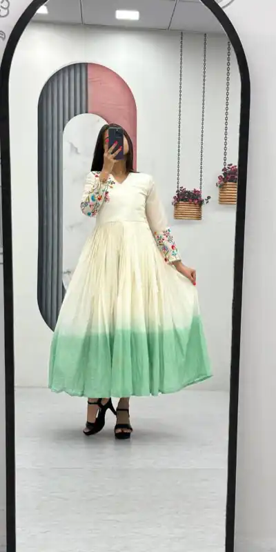 Pista Soft Cotton Embroidery Work Gown | Gowns, Bollywood Gowns, Creative Gowns, Designer Gowns, Embroidered Gowns, Party Wear Gowns