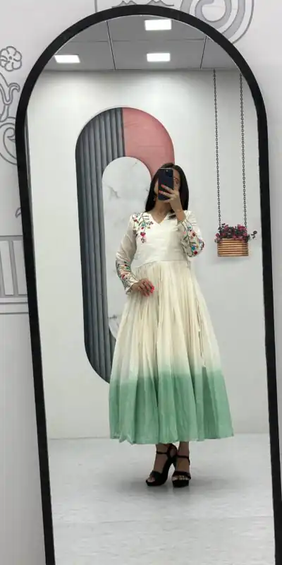 Pista Soft Cotton Embroidery Work Gown | Gowns, Bollywood Gowns, Creative Gowns, Designer Gowns, Embroidered Gowns, Party Wear Gowns