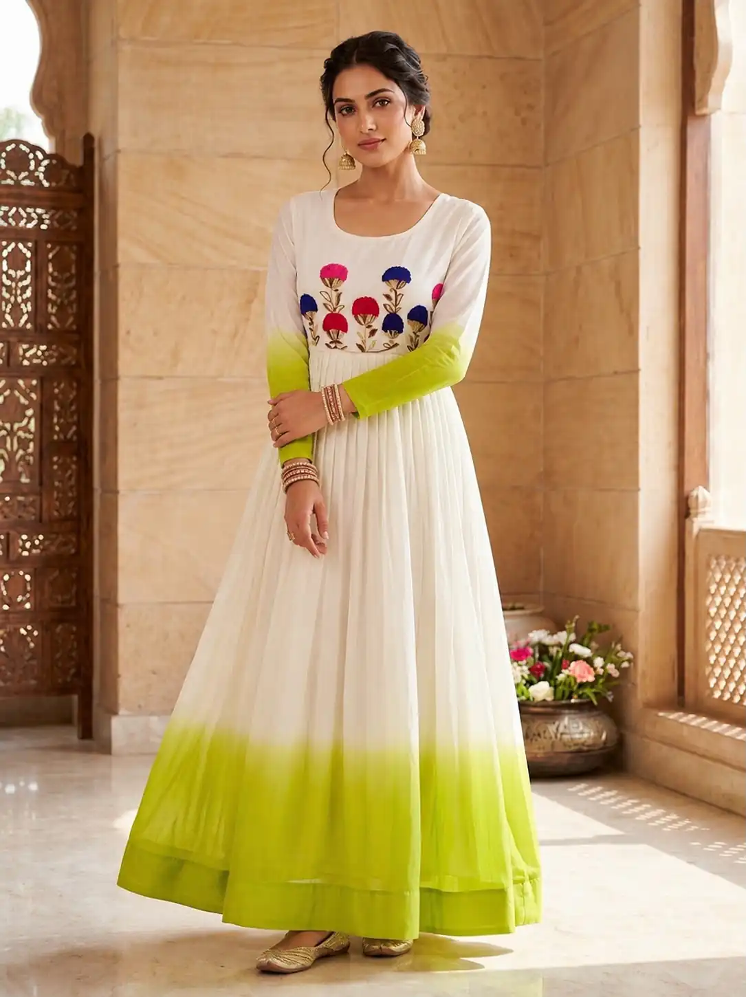 KA 1263 Green |Star Georgette Gown with Thread Embroidery & Embroidery Work. Special Price ₹1669. Delivery 4-6 Working Days. Shop now. | Gowns, Bollywood Gowns, Creative Gowns, Designer Gowns, Embroidered Gowns, Party Wear Gowns