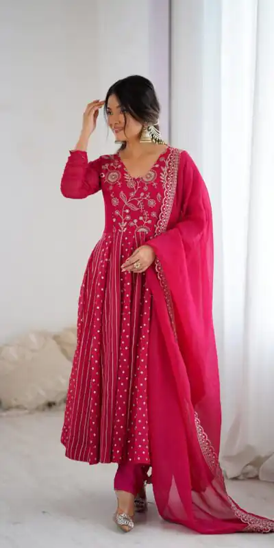 Pretty Pink Crunchy Silk Sequence Anarkali Gown | Gowns, Bollywood Gowns, Creative Gowns, Designer Gowns, Embroidered Gowns, Party Wear Gowns