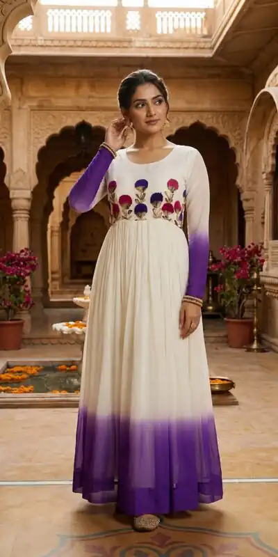 KA 1263 Purple |Star Georgette Gown with Thread Embroidery & Embroidery Work. Special Price βΉ1669. Delivery 4-6 Working Days. Shop now. | Gowns, Bollywood Gowns, Creative Gowns, Designer Gowns, Embroidered Gowns, Party Wear Gowns