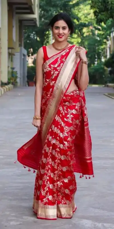 Pretty Red Lichi Silk Jacquard Work Saree | Sarees, Bollywood Sarees, Creative Sarees, Designer Sarees, Embroidered Sarees, Ethnic Saree, Modern Digital sarees, Party Wear Sarees
