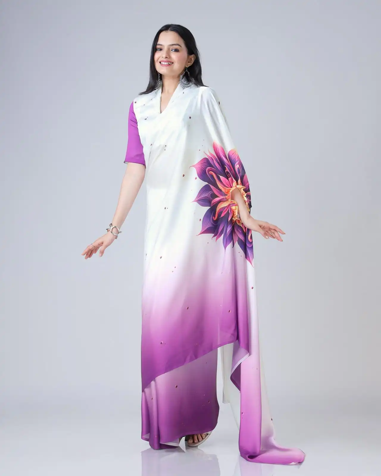 Purple And White Japan Satin Digital Print Work Saree | Sarees, Bollywood Sarees, Creative Sarees, Designer Sarees, Embroidered Sarees, Ethnic Saree, Modern Digital sarees, Party Wear Sarees