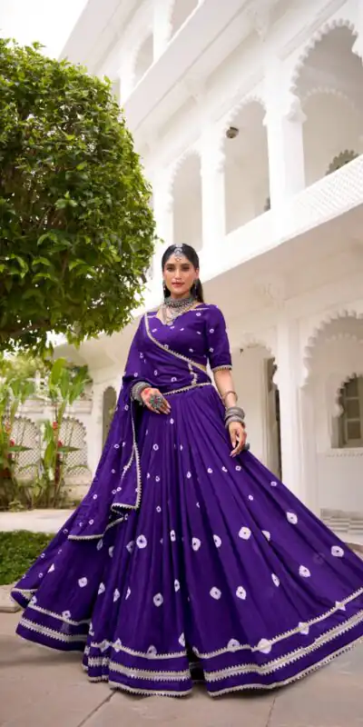 Purple Chanderi Bandhej Lehenga Choli | Lehenga, Bollywood Lehenga, Creative Lehenga, Designer Lehenga, Embroidered Lehenga, Party Wear Lehenga