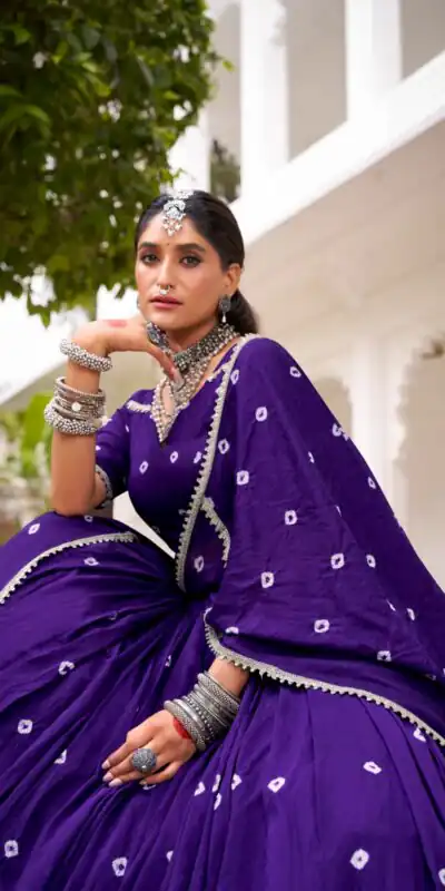 Purple Chanderi Bandhej Lehenga Choli | Lehenga, Bollywood Lehenga, Creative Lehenga, Designer Lehenga, Embroidered Lehenga, Party Wear Lehenga
