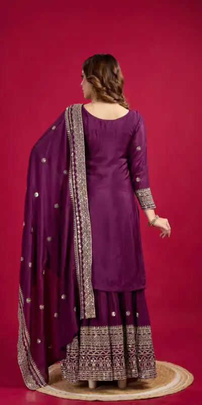 Purple Chinnon Silk With Embroidery Work Sharara Suit | Jump Suits, Salwar suit, Casual Suits, Creative suits, Designer Suits, Palazzo Suits, Party Wear Suits, Patiala Suits, Straight Suits