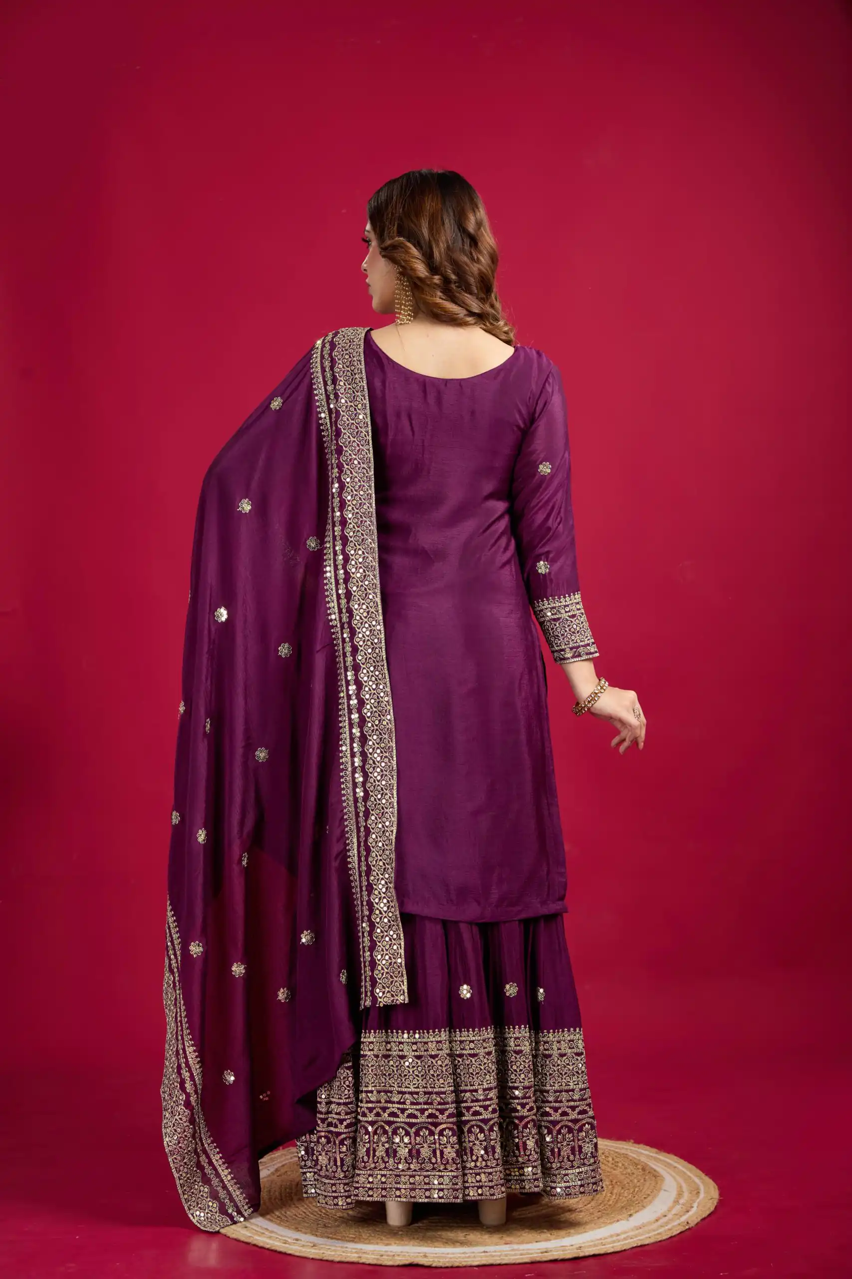 Purple Chinnon Silk With Embroidery Work Sharara Suit | Jump Suits, Salwar suit, Casual Suits, Creative suits, Designer Suits, Palazzo Suits, Party Wear Suits, Patiala Suits, Straight Suits