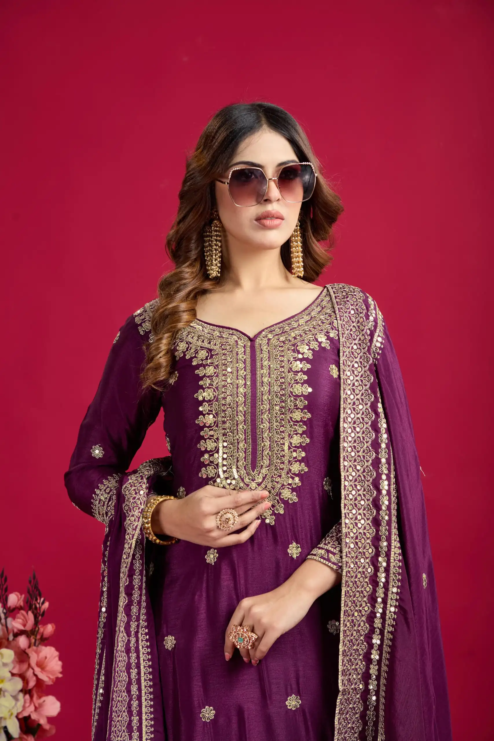 Purple Chinnon Silk With Embroidery Work Sharara Suit | Jump Suits, Salwar suit, Casual Suits, Creative suits, Designer Suits, Palazzo Suits, Party Wear Suits, Patiala Suits, Straight Suits