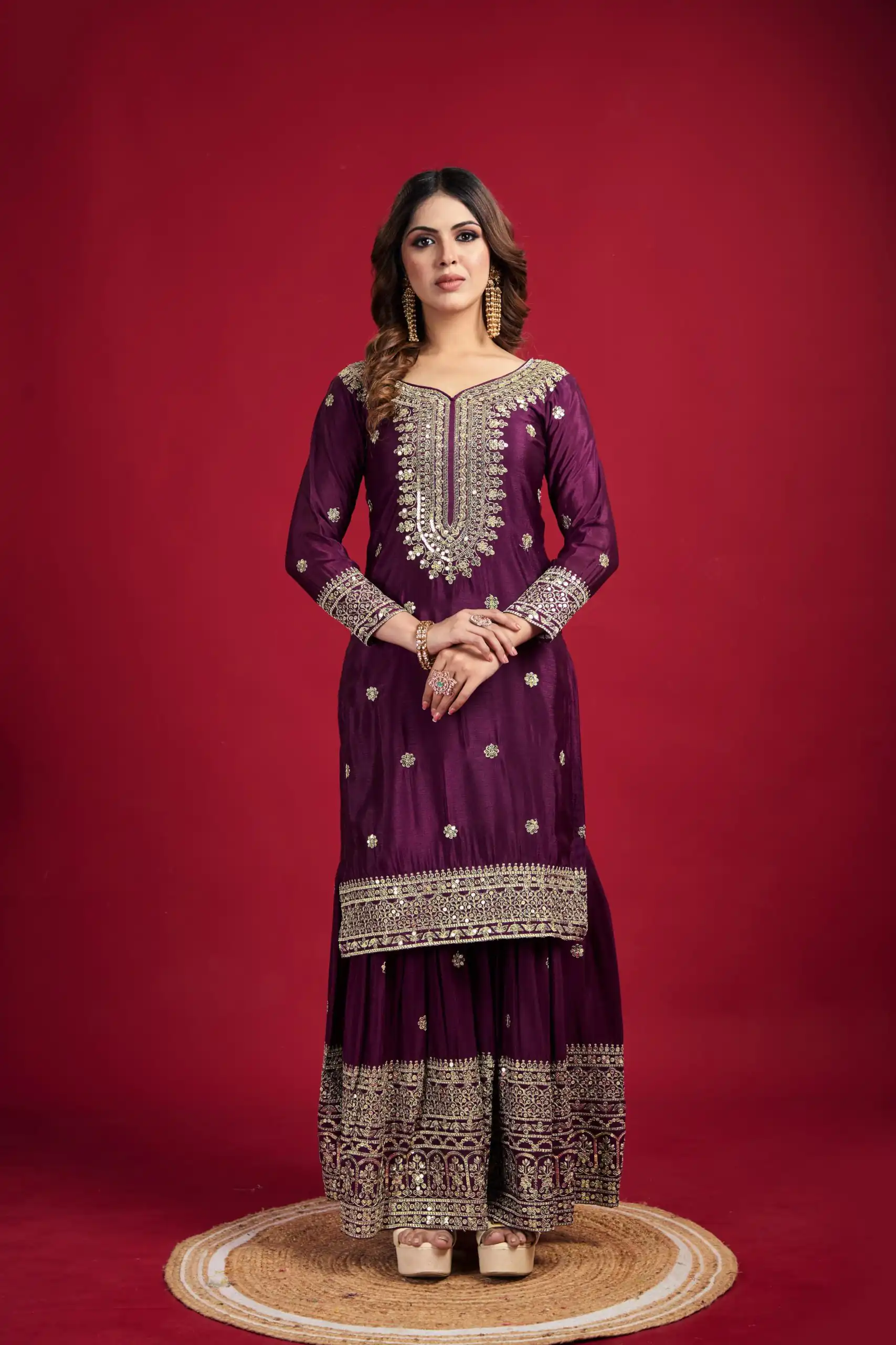 Purple Chinnon Silk With Embroidery Work Sharara Suit | Jump Suits, Salwar suit, Casual Suits, Creative suits, Designer Suits, Palazzo Suits, Party Wear Suits, Patiala Suits, Straight Suits