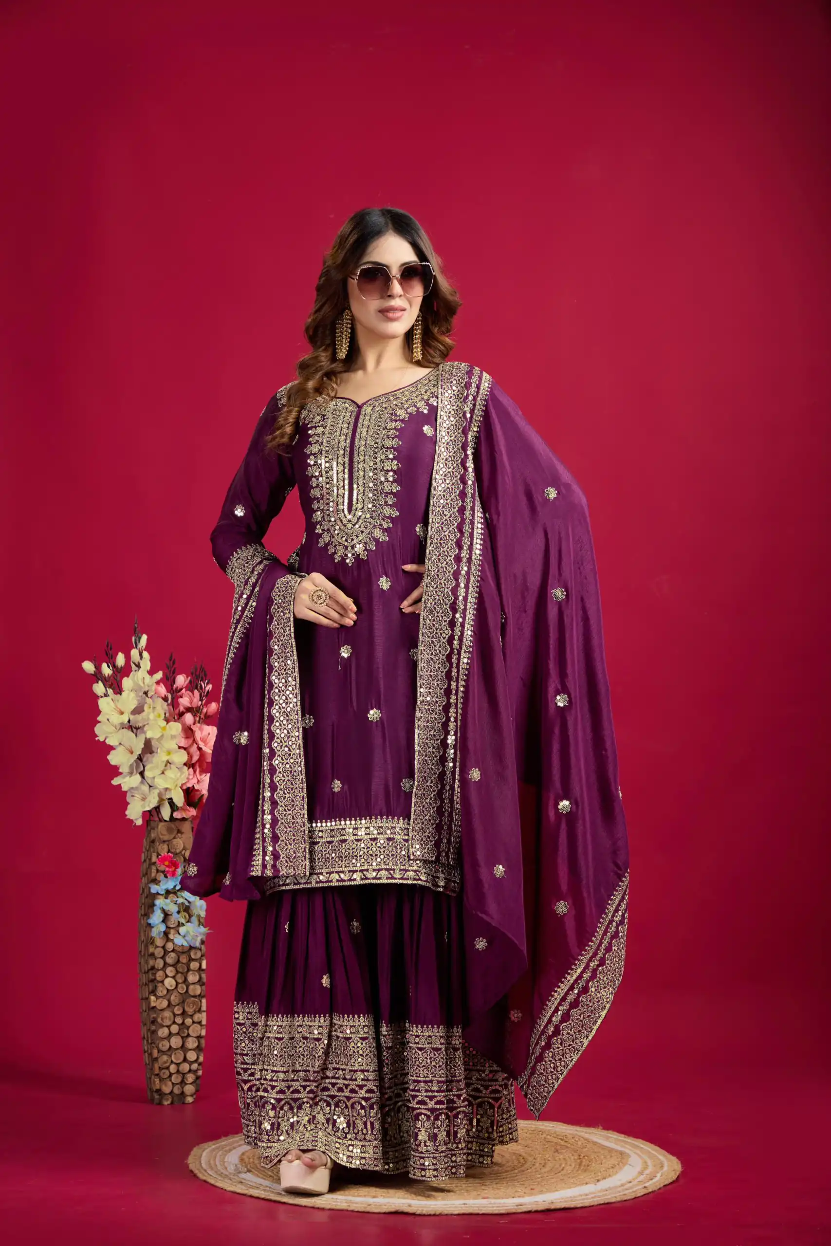 Purple Chinnon Silk With Embroidery Work Sharara Suit | Jump Suits, Salwar suit, Casual Suits, Creative suits, Designer Suits, Palazzo Suits, Party Wear Suits, Patiala Suits, Straight Suits