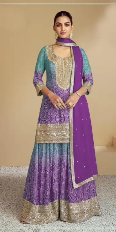 Purple Chinon Digital Print With Mat Sequence Sharara Suit | Jump Suits, Salwar suit, Casual Suits, Creative suits, Designer Suits, Palazzo Suits, Party Wear Suits, Patiala Suits, Straight Suits