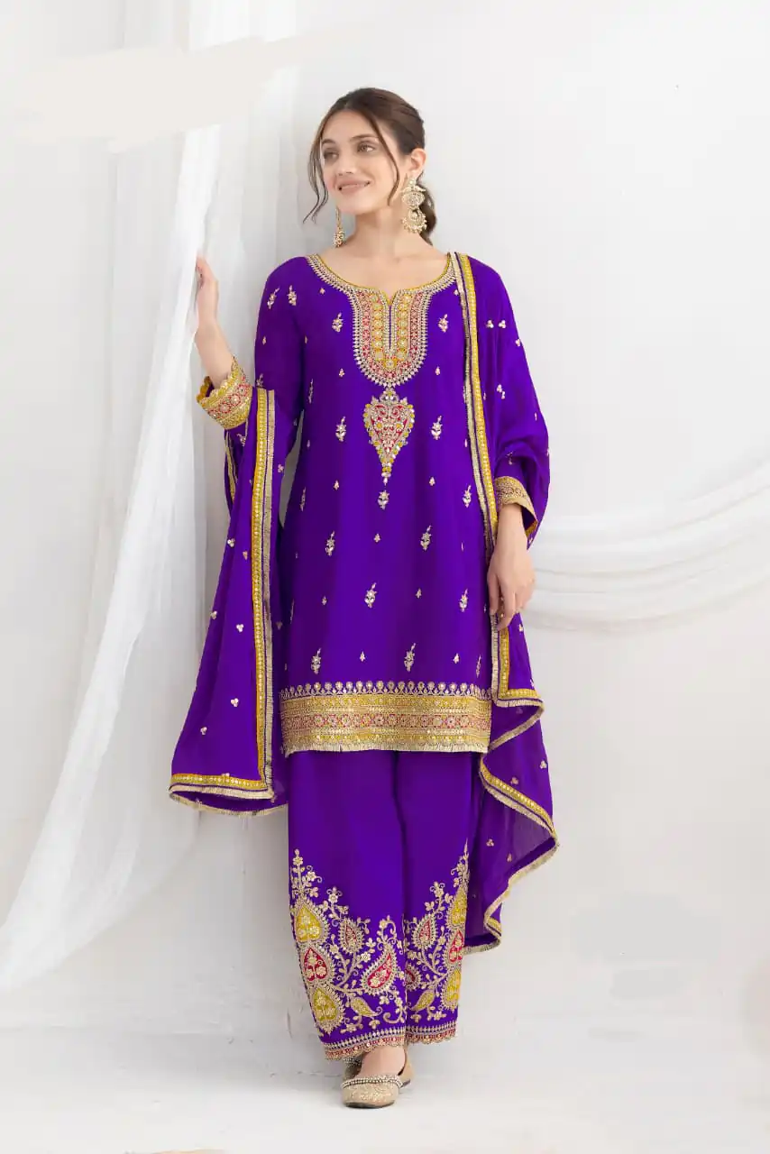 Purple Chinon Embroidery Mirror Work Salwar Suit | Jump Suits, Tops & Bottoms, Track Suits, Salwar suit, Casual Suits, Creative suits, Designer Suits, Palazzo Suits, Party Wear Suits, Patiala Suits, Straight Suits, Trendy Wear