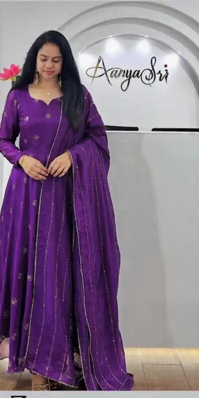 Purple Chinon Embroidery Work Gown | Gowns, Bollywood Gowns, Creative Gowns, Designer Gowns, Embroidered Gowns, Party Wear Gowns