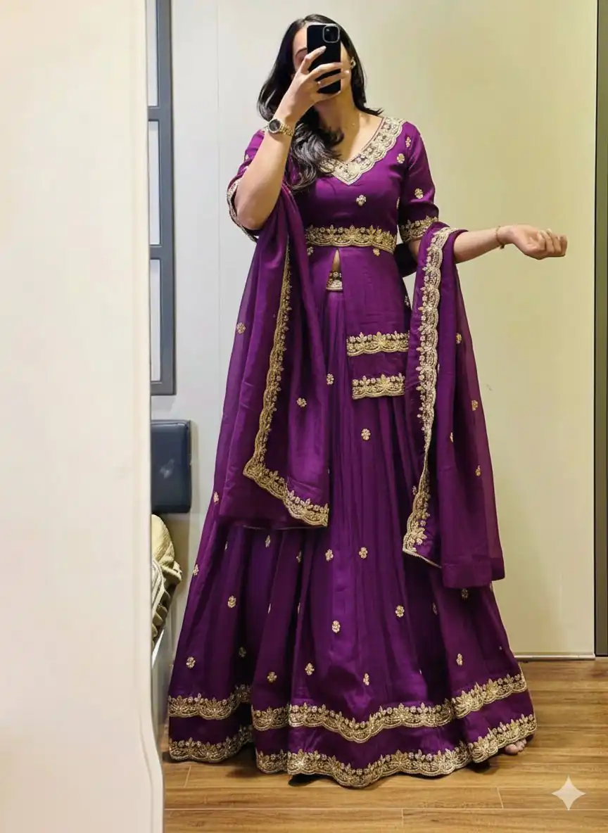 Purple Chinon Silk Thread Work Lehenga Choli | Lehenga, Bollywood Lehenga, Creative Lehenga, Designer Lehenga, Embroidered Lehenga, Party Wear Lehenga