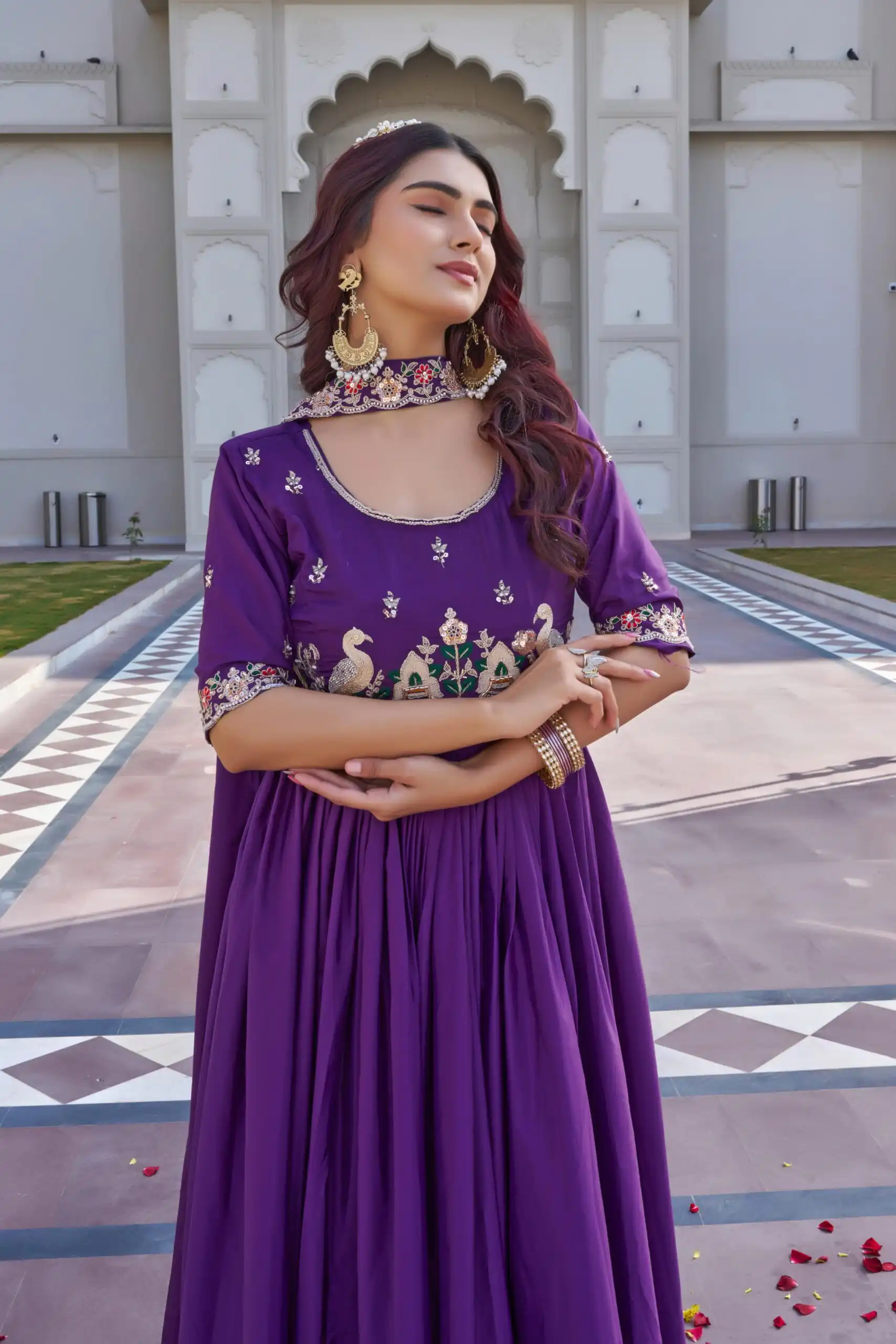 Purple Crap Silk Embroidery Work Gown | Gowns, Bollywood Gowns, Creative Gowns, Designer Gowns, Embroidered Gowns, Party Wear Gowns