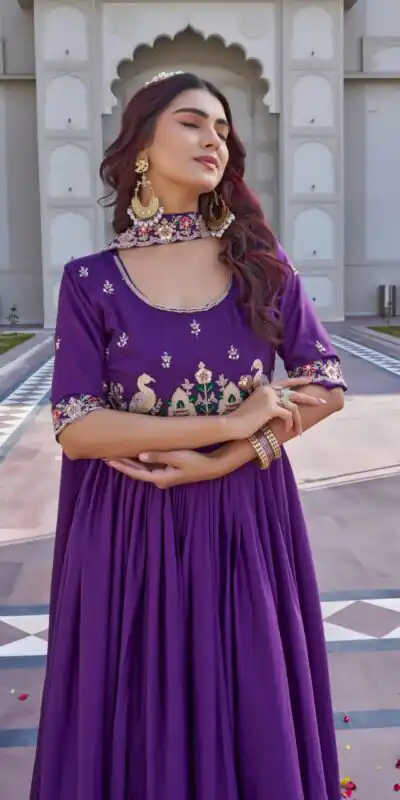 Purple Crap Silk Embroidery Work Gown | Gowns, Bollywood Gowns, Creative Gowns, Designer Gowns, Embroidered Gowns, Party Wear Gowns