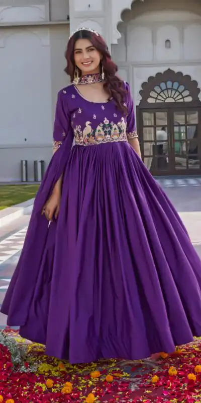 Purple Crap Silk Embroidery Work Gown | Gowns, Bollywood Gowns, Creative Gowns, Designer Gowns, Embroidered Gowns, Party Wear Gowns