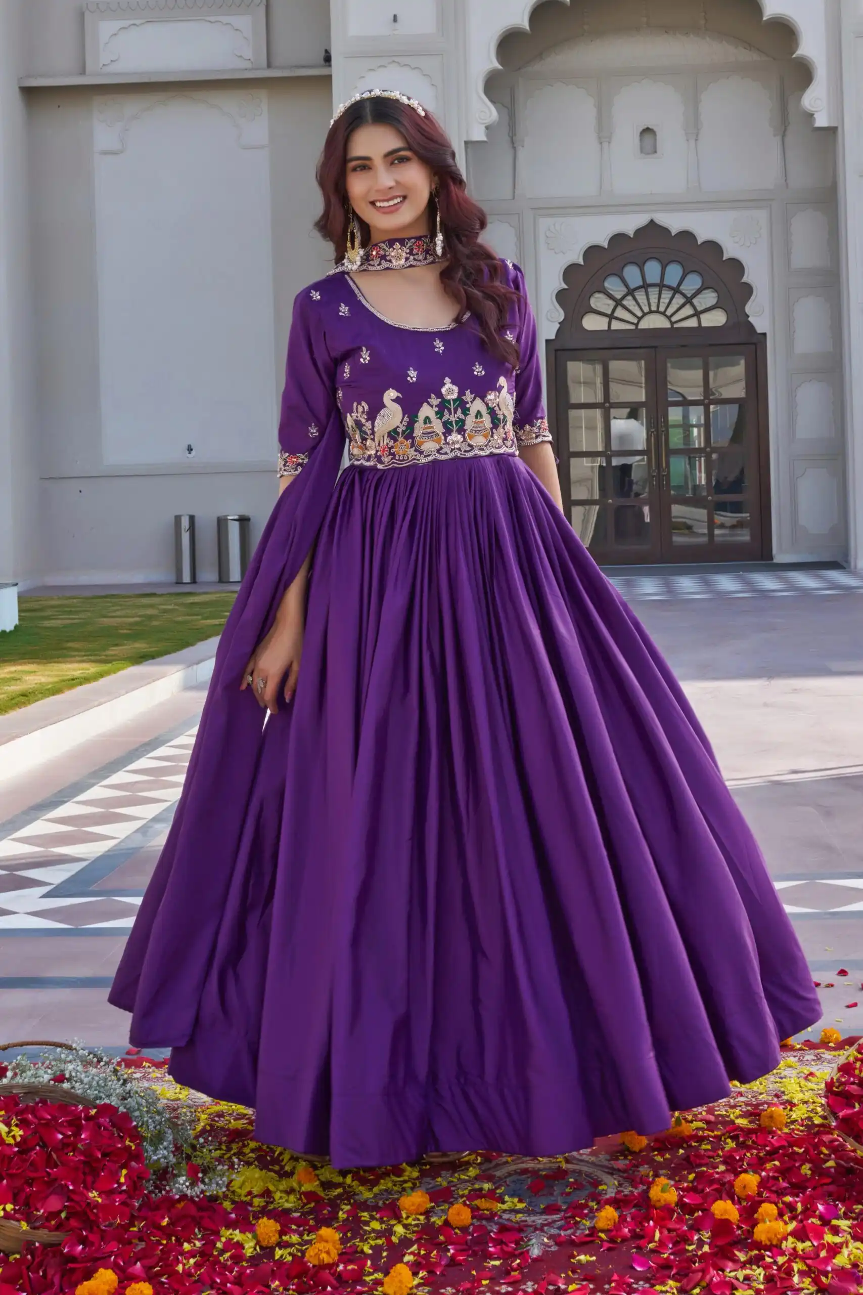 Purple Crap Silk Embroidery Work Gown | Gowns, Bollywood Gowns, Creative Gowns, Designer Gowns, Embroidered Gowns, Party Wear Gowns