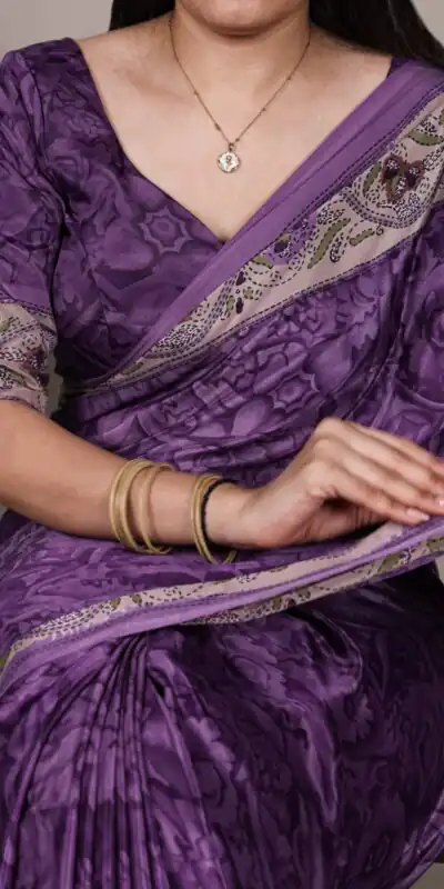 Purple Crepe With Printed Saree | Sarees, Bollywood Sarees, Creative Sarees, Designer Sarees, Embroidered Sarees, Ethnic Saree, Modern Digital sarees, Party Wear Sarees