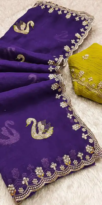 Purple Crunchy Chiffon Diamond Work Saree | Sarees, Bollywood Sarees, Creative Sarees, Designer Sarees, Embroidered Sarees, Ethnic Saree, Modern Digital sarees, Party Wear Sarees