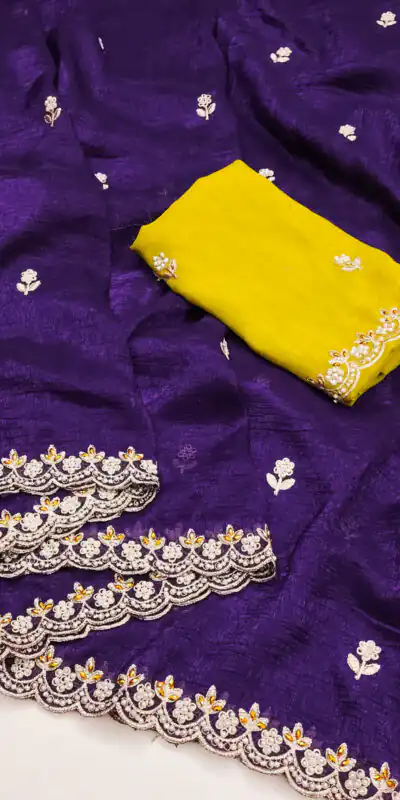 Purple Crunchy Chiffon Embroidery Work Saree | Sarees, Bollywood Sarees, Creative Sarees, Designer Sarees, Embroidered Sarees, Ethnic Saree, Modern Digital sarees, Party Wear Sarees