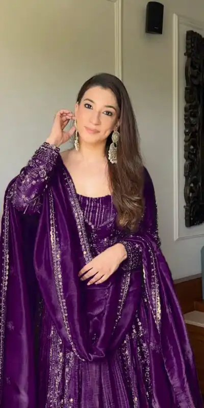 Purple Crunchy Silk Lace Embroidery Work Gown | Gowns, Bollywood Gowns, Creative Gowns, Designer Gowns, Embroidered Gowns, Party Wear Gowns