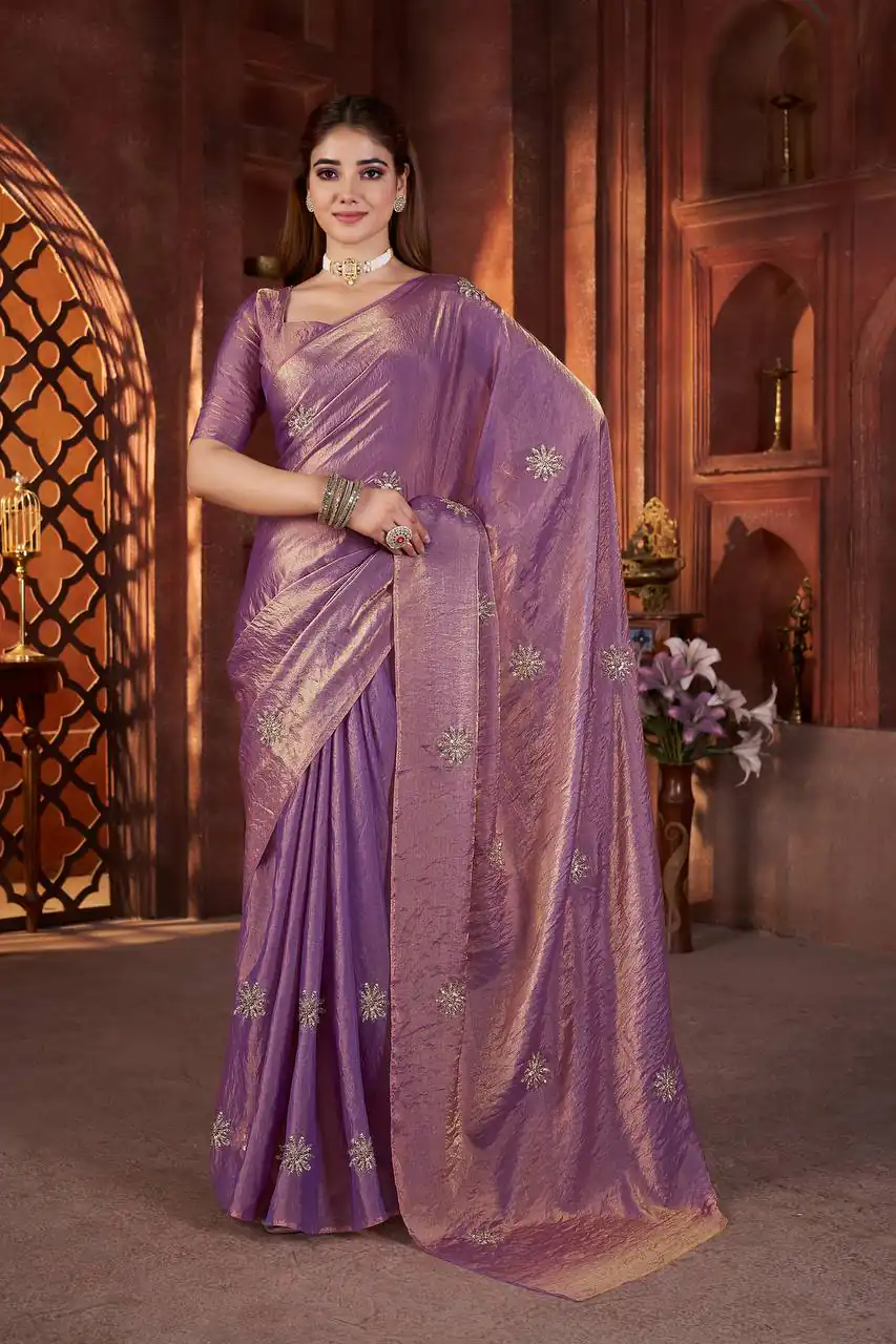 Purple Fandy Satin Silk Bead Work Saree | Sarees, Bollywood Sarees, Creative Sarees, Designer Sarees, Embroidered Sarees, Ethnic Saree, Modern Digital sarees, Party Wear Sarees