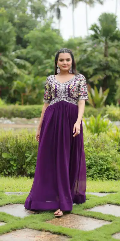 Purple Faux Blooming Embroidery Zari Work Gown | Gowns, Bollywood Gowns, Creative Gowns, Designer Gowns, Embroidered Gowns, Party Wear Gowns