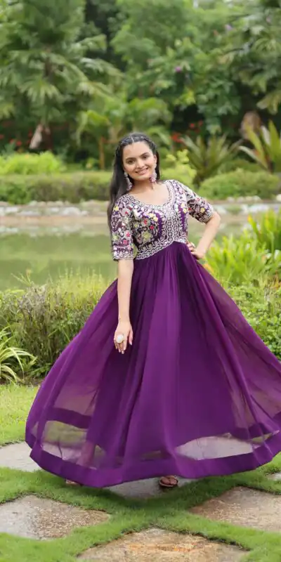 Purple Faux Blooming Embroidery Zari Work Gown | Gowns, Bollywood Gowns, Creative Gowns, Designer Gowns, Embroidered Gowns, Party Wear Gowns