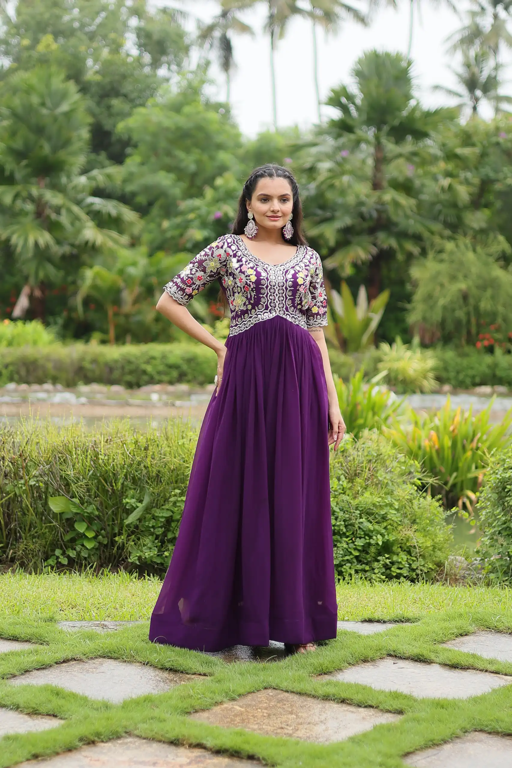 Purple Faux Blooming Embroidery Zari Work Gown | Gowns, Bollywood Gowns, Creative Gowns, Designer Gowns, Embroidered Gowns, Party Wear Gowns