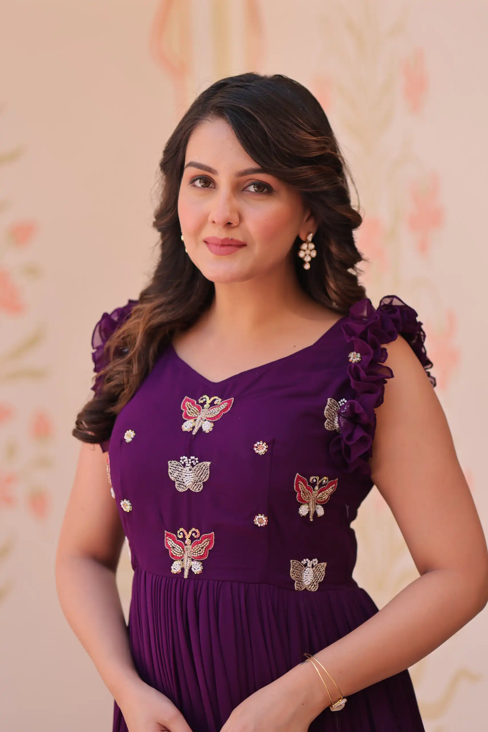 Purple Faux Blooming Sequins Work Gown | Gowns, Bollywood Gowns, Creative Gowns, Designer Gowns, Embroidered Gowns, Party Wear Gowns