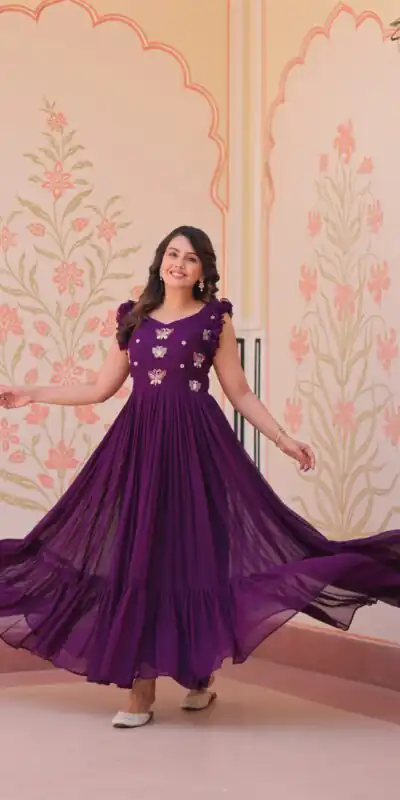 Purple Faux Blooming Sequins Work Gown | Gowns, Bollywood Gowns, Creative Gowns, Designer Gowns, Embroidered Gowns, Party Wear Gowns