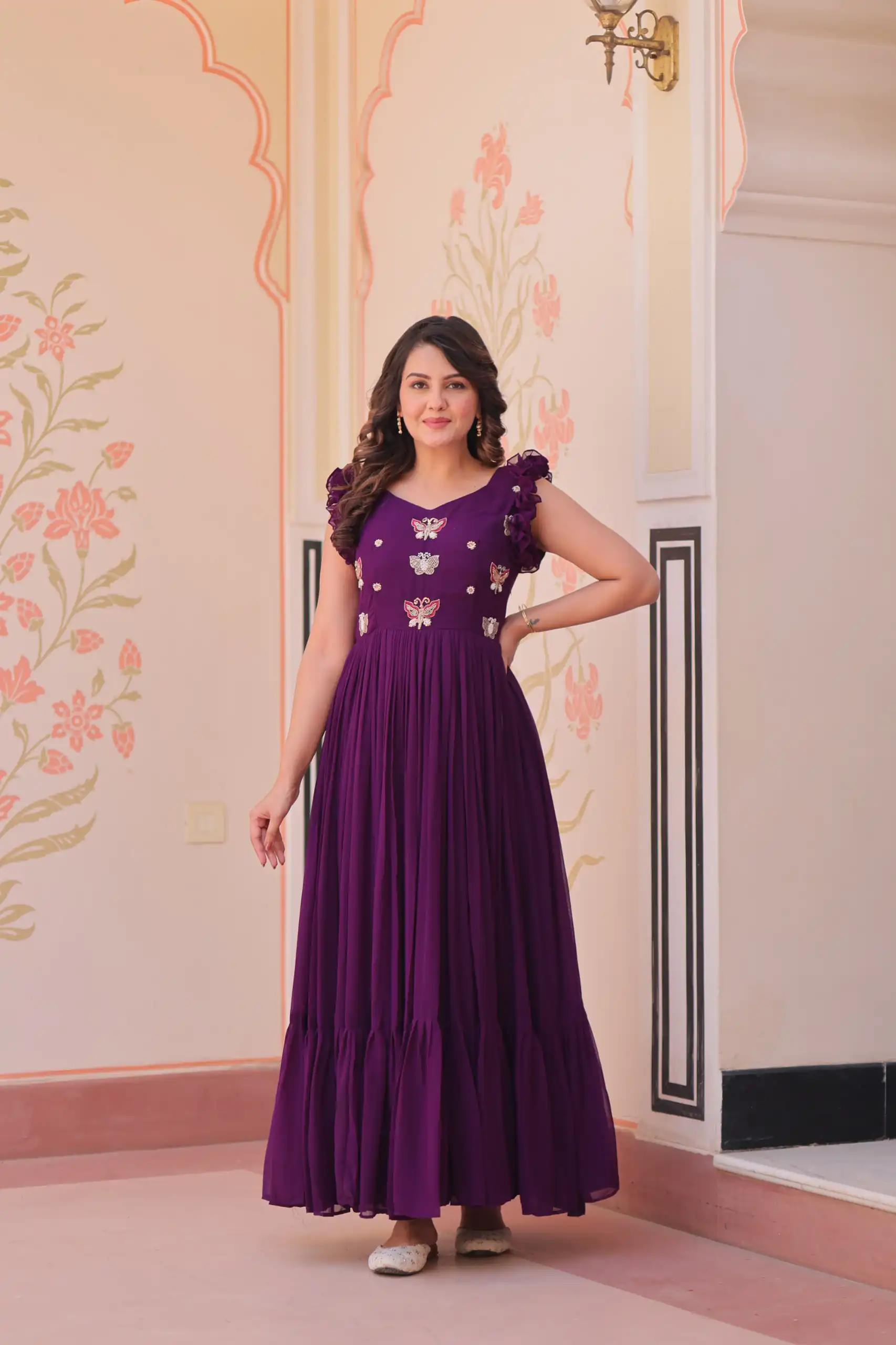 Purple Faux Blooming Sequins Work Gown | Gowns, Bollywood Gowns, Creative Gowns, Designer Gowns, Embroidered Gowns, Party Wear Gowns
