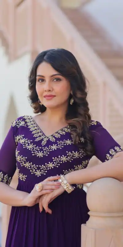Purple Faux Blooming With Embroidery Work Gown | Gowns, Bollywood Gowns, Creative Gowns, Designer Gowns, Embroidered Gowns, Party Wear Gowns
