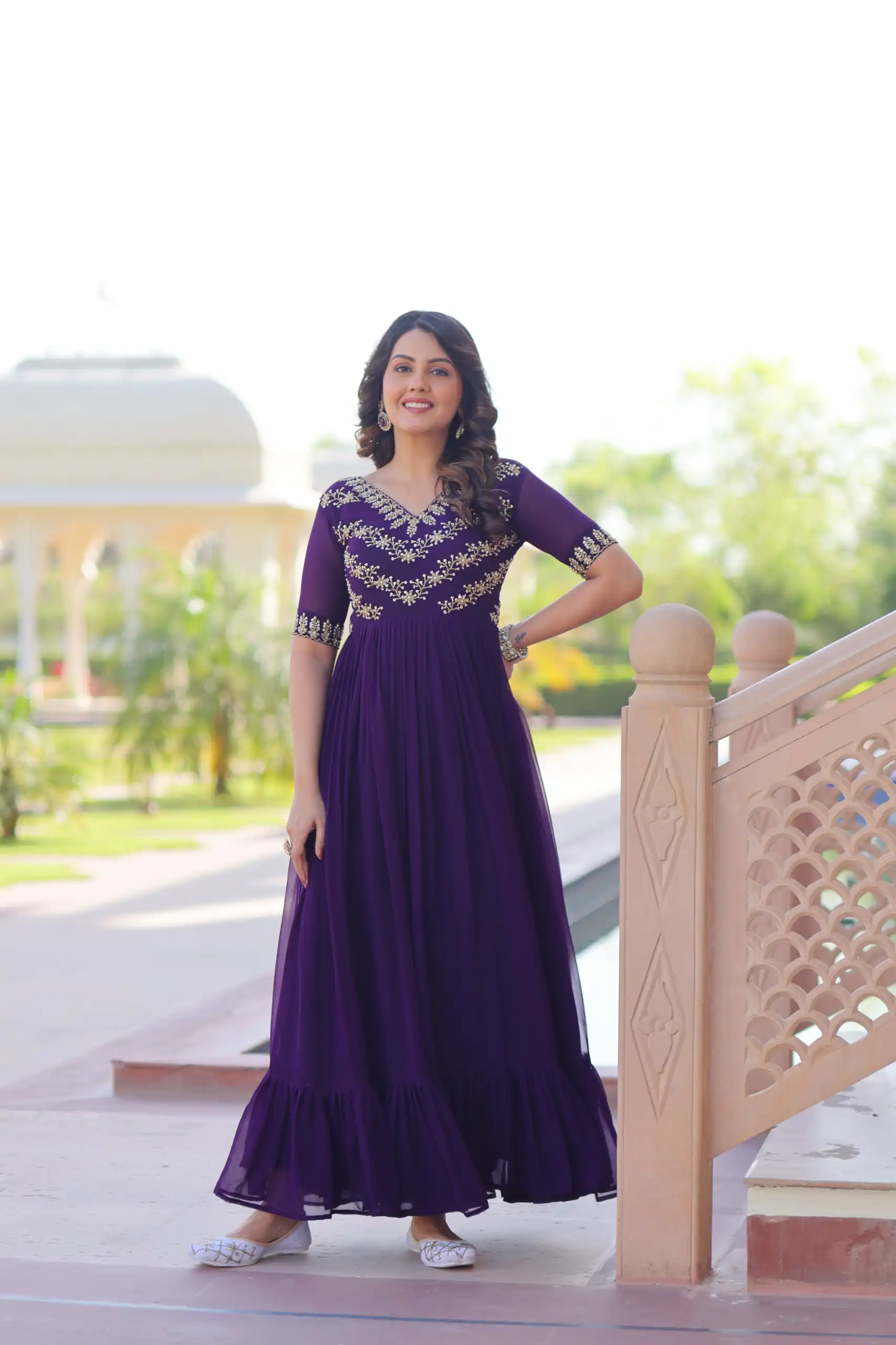 Purple Faux Blooming With Embroidery Work Gown | Gowns, Bollywood Gowns, Creative Gowns, Designer Gowns, Embroidered Gowns, Party Wear Gowns