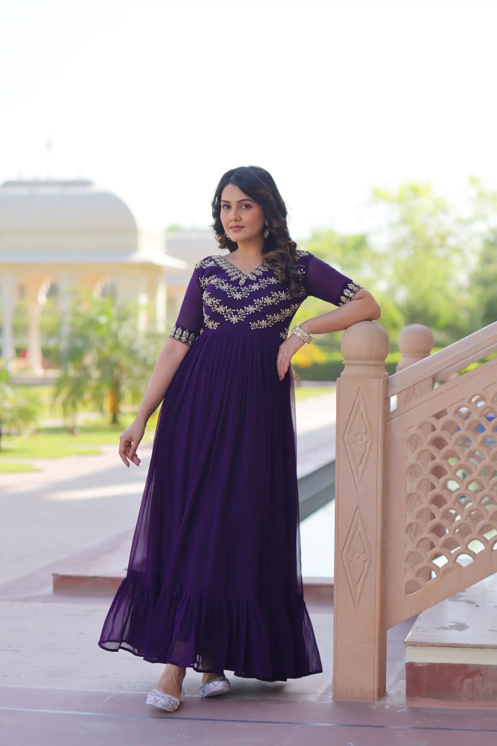 Purple Faux Blooming With Embroidery Work Gown | Gowns, Bollywood Gowns, Creative Gowns, Designer Gowns, Embroidered Gowns, Party Wear Gowns