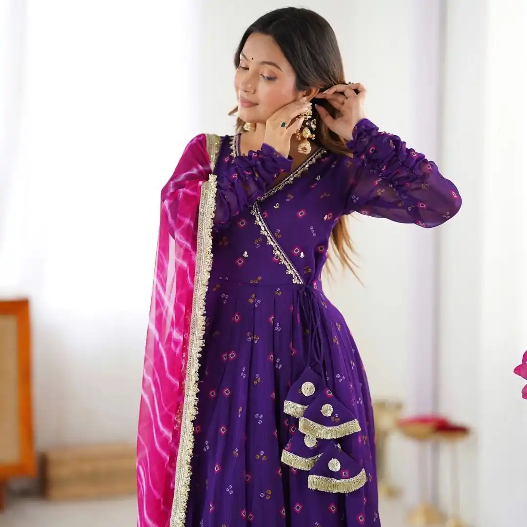 Purple Faux Georgette Digital Print Gown | Gowns, Bollywood Gowns, Creative Gowns, Designer Gowns, Embroidered Gowns, Party Wear Gowns