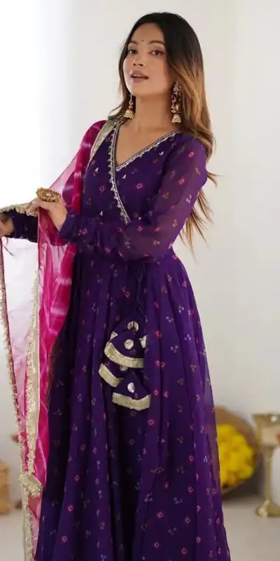 Purple Faux Georgette Digital Print Gown | Gowns, Bollywood Gowns, Creative Gowns, Designer Gowns, Embroidered Gowns, Party Wear Gowns