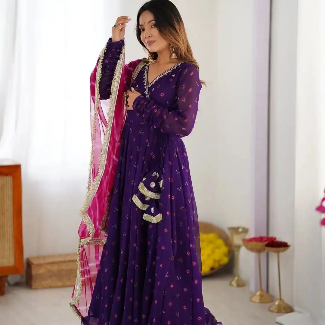 Purple Faux Georgette Digital Print Gown | Gowns, Bollywood Gowns, Creative Gowns, Designer Gowns, Embroidered Gowns, Party Wear Gowns