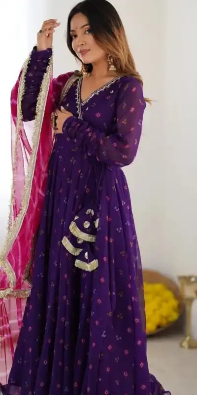 Purple Faux Georgette Digital Print Gown | Gowns, Bollywood Gowns, Creative Gowns, Designer Gowns, Embroidered Gowns, Party Wear Gowns