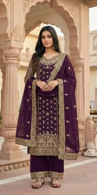 Purple Faux Georgette Embroidery Work Salwar Suit | Jump Suits, Tops & Bottoms, Track Suits, Salwar suit, Casual Suits, Creative suits, Designer Suits, Palazzo Suits, Party Wear Suits, Patiala Suits, Straight Suits, Trendy Wear