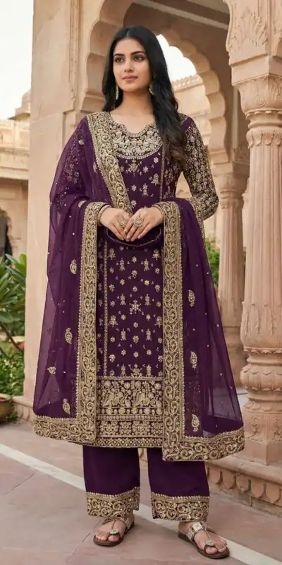 Purple Faux Georgette Embroidery Work Salwar Suit | Jump Suits, Tops & Bottoms, Track Suits, Salwar suit, Casual Suits, Creative suits, Designer Suits, Palazzo Suits, Party Wear Suits, Patiala Suits, Straight Suits, Trendy Wear