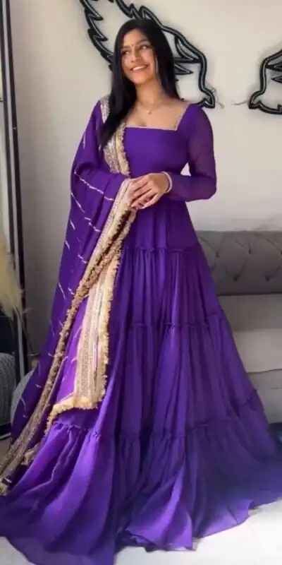 Purple Faux Georgette Ruffle Style Gown | Gowns, Bollywood Gowns, Creative Gowns, Designer Gowns, Embroidered Gowns, Party Wear Gowns