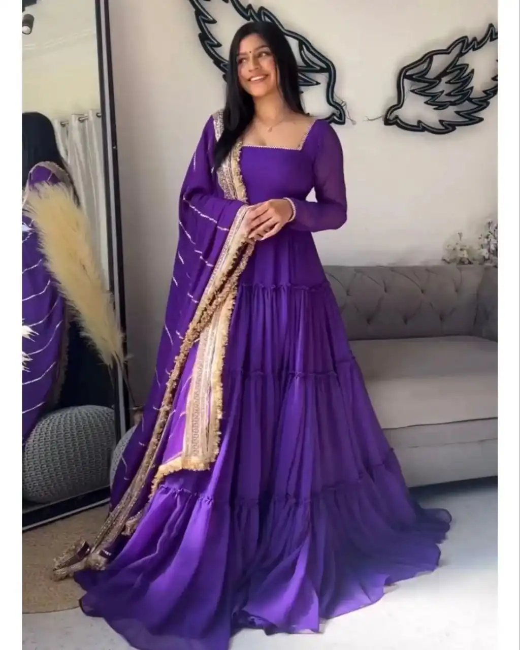 Purple Faux Georgette Ruffle Style Gown | Gowns, Bollywood Gowns, Creative Gowns, Designer Gowns, Embroidered Gowns, Party Wear Gowns