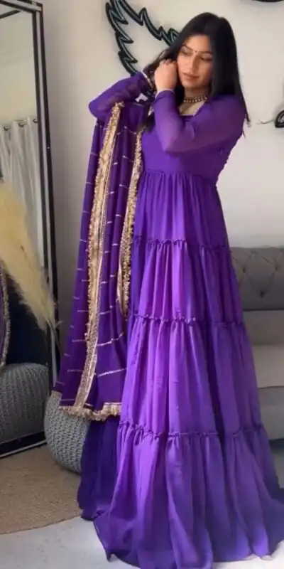 Purple Faux Georgette Ruffle Style Gown | Gowns, Bollywood Gowns, Creative Gowns, Designer Gowns, Embroidered Gowns, Party Wear Gowns