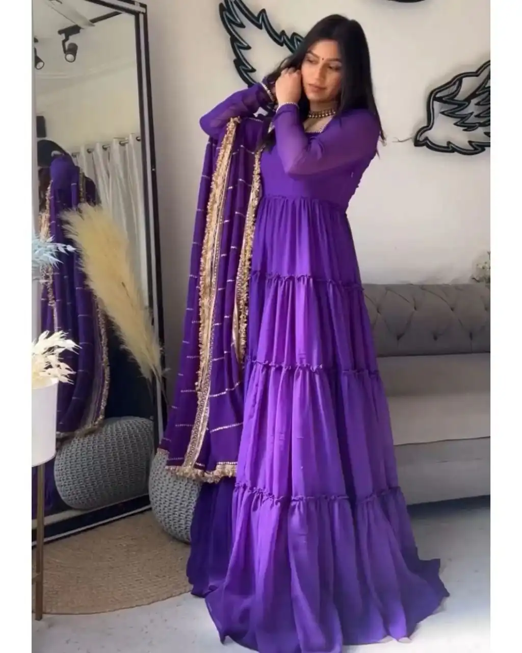 Purple Faux Georgette Ruffle Style Gown | Gowns, Bollywood Gowns, Creative Gowns, Designer Gowns, Embroidered Gowns, Party Wear Gowns