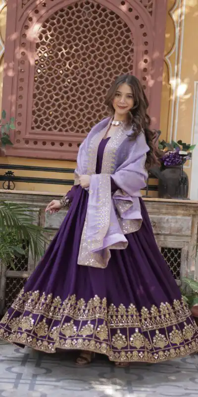 Purple Faux Georgette Sequin Work Gown | Gowns, Bollywood Gowns, Creative Gowns, Designer Gowns, Embroidered Gowns, Party Wear Gowns